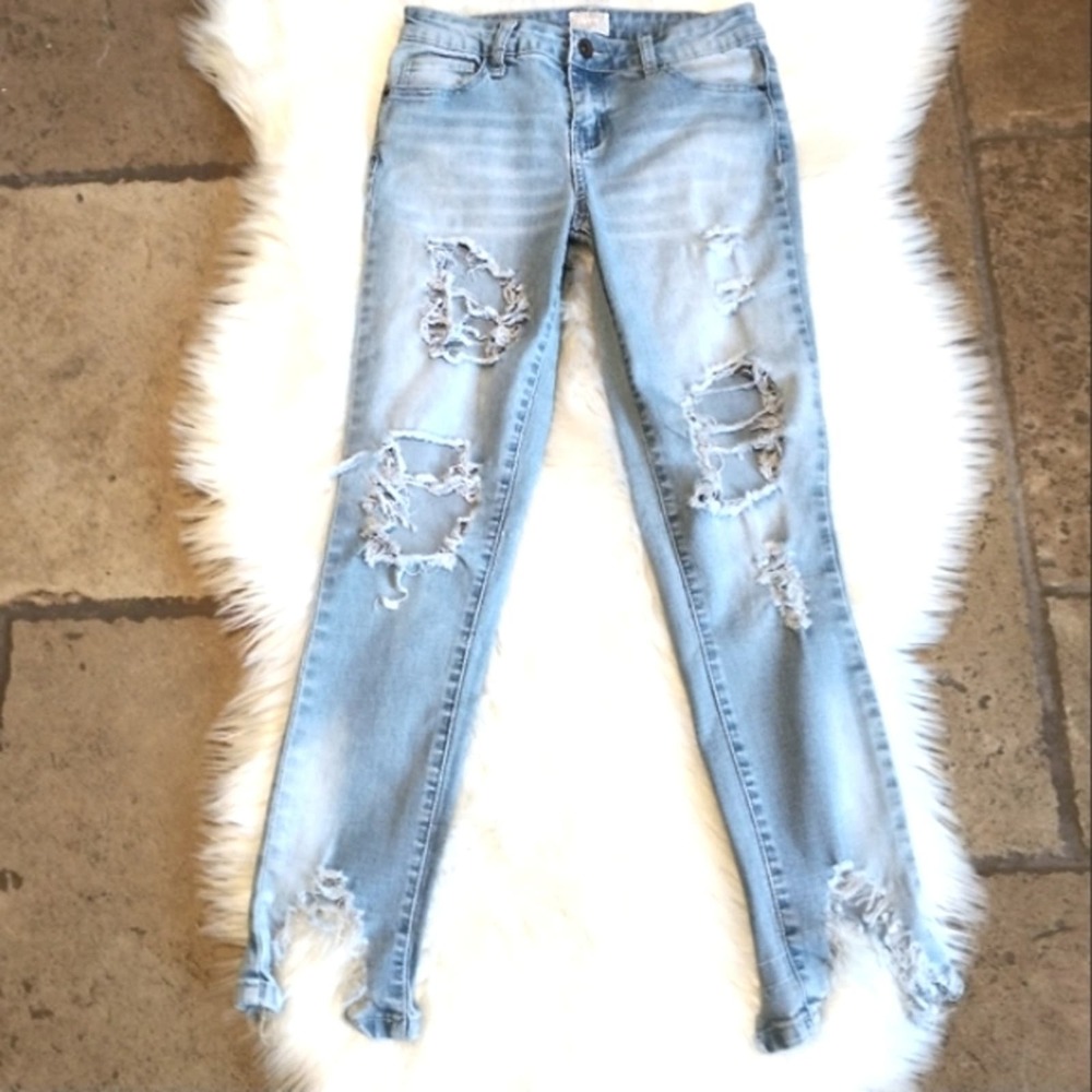 Elite Jeans Sz 3/4 Jeans Butt PUSH UP Distress High Rise Bleach-wash Thrashed